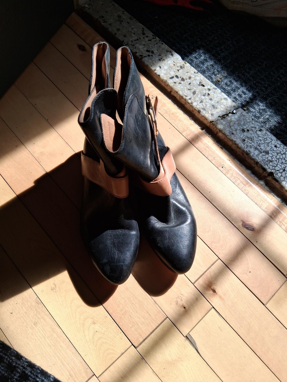 Ted Baker London Black Ankle Boots with Tan Strap Detail